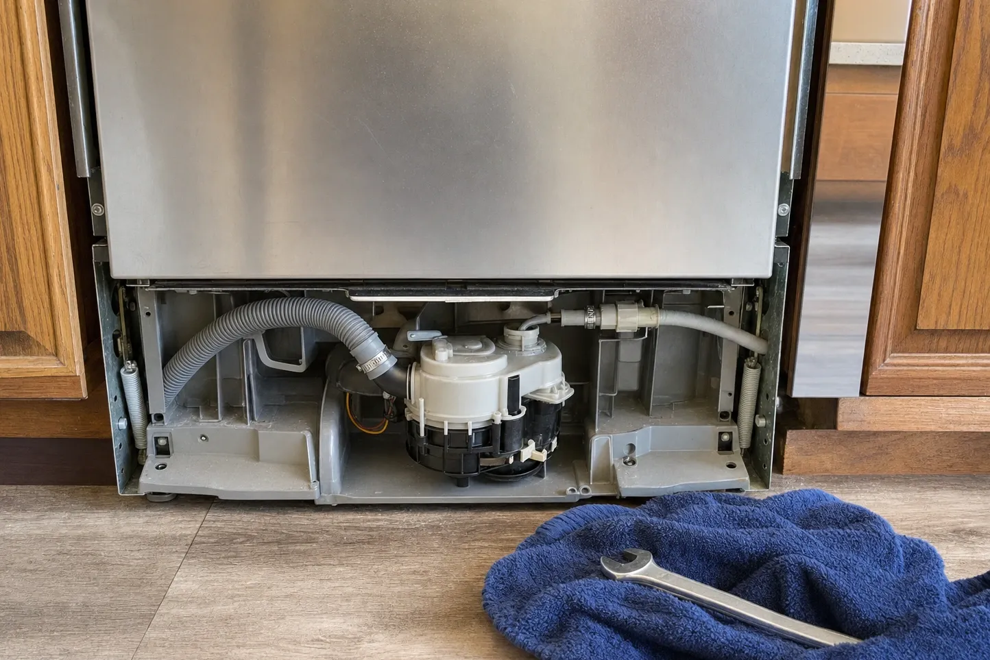 Dishwasher with its lower access panel removed, showing the pump assembly and corrugated hoses underneath