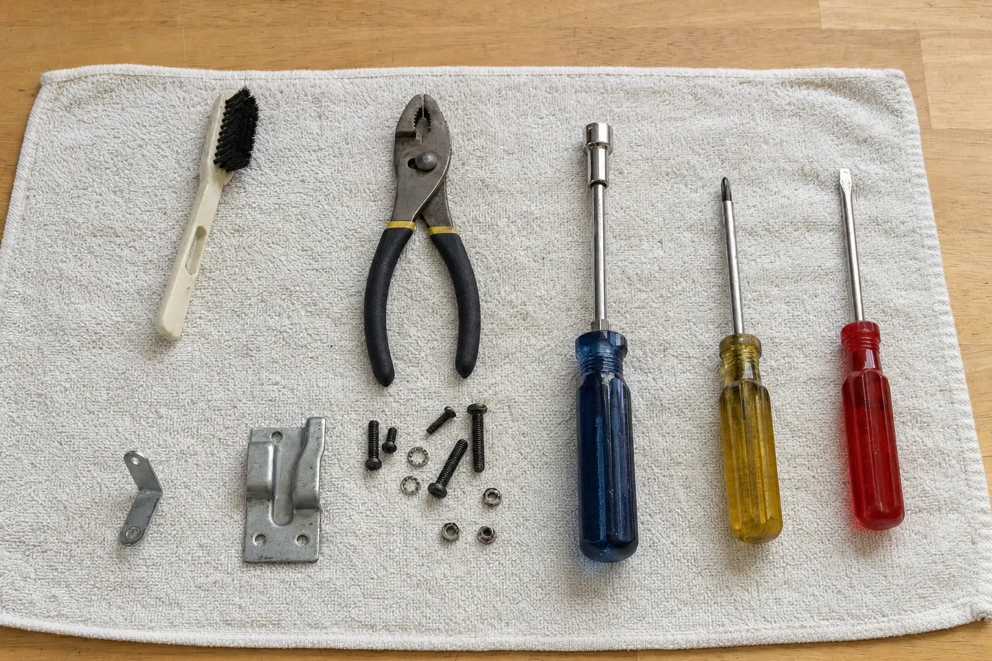 Small angle bracket and a latch plate with screws and lock nuts, alongside slip-joint pliers and three screwdrivers